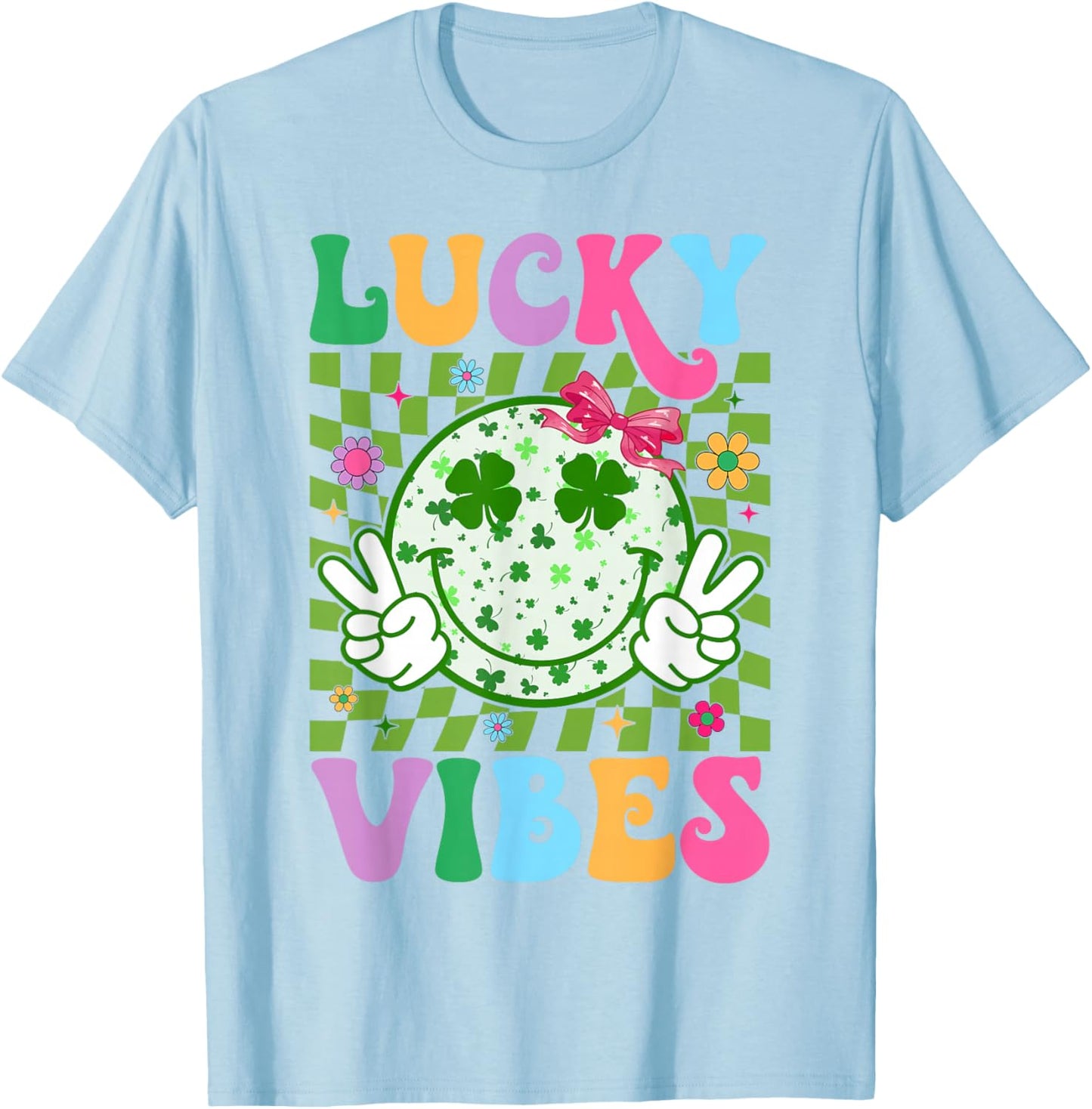 Groovy St Patricks Day Lucky Vibes Shamrock Women Girls Kids T-Shirt - T-Shirt | Light Blue
