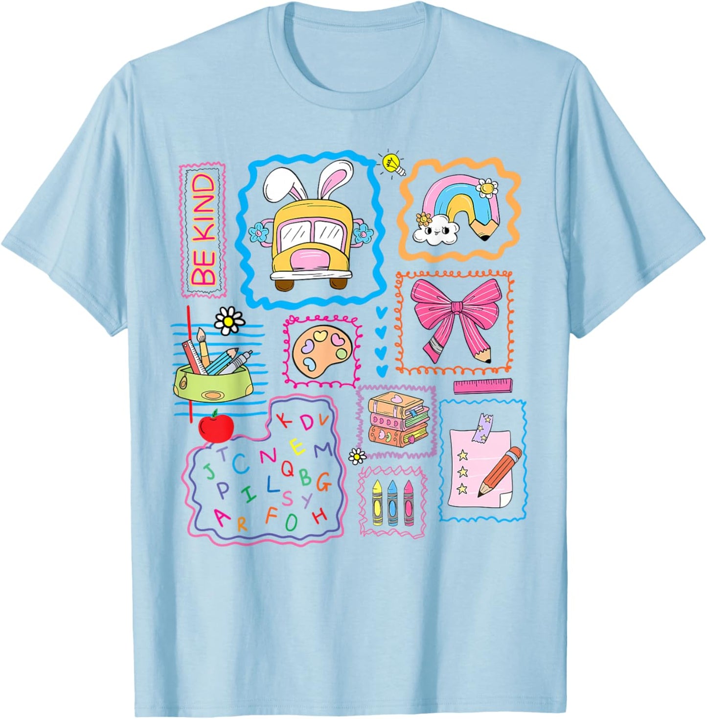 Be Kind School Girls Teacher Coquette Bow Bus Rainbow Crayon T-Shirt - T-Shirt | Light Blue