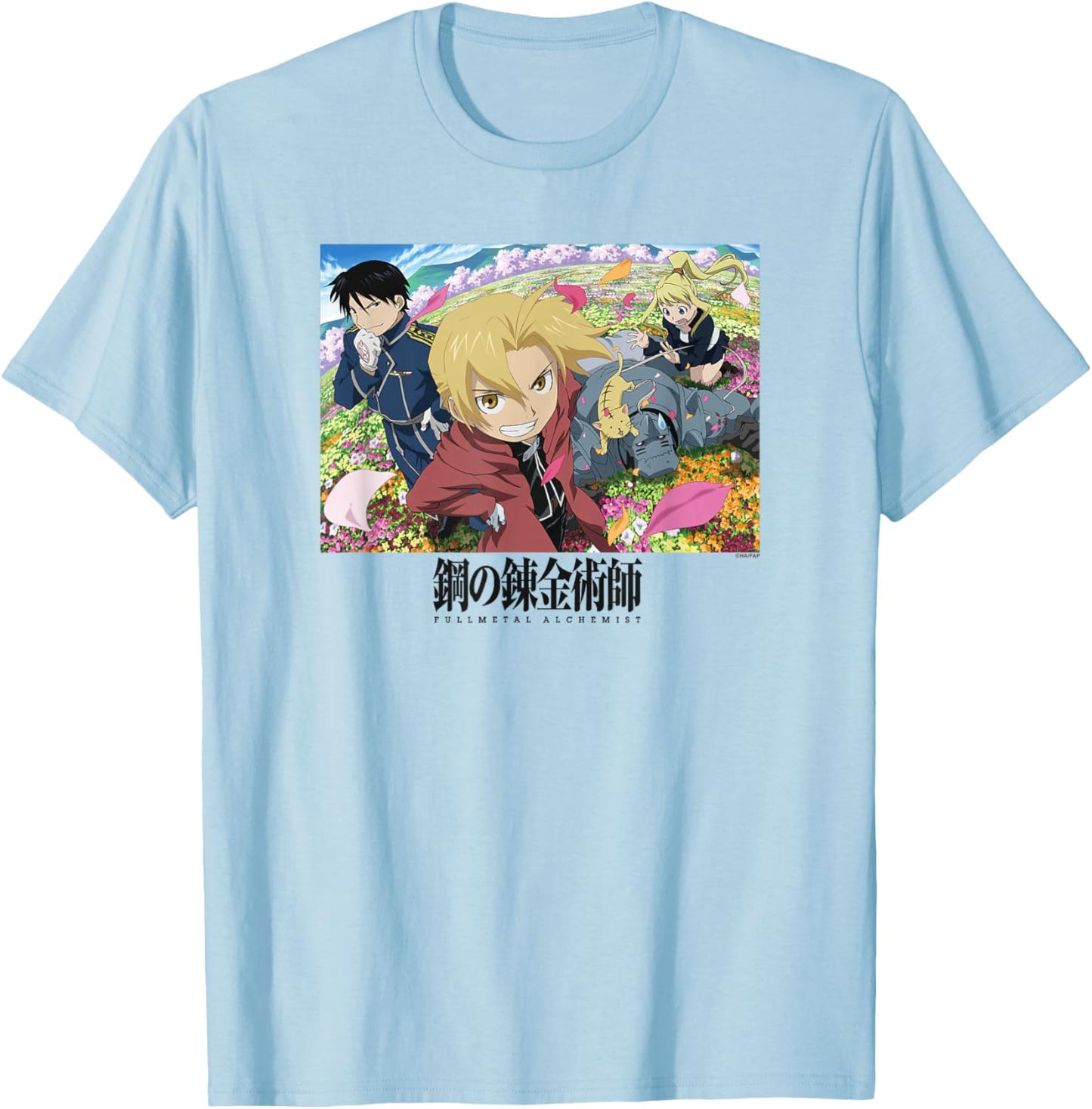 FMAB Field of Flowers Character Scene Anime T-Shirt - T-Shirt | Light Blue