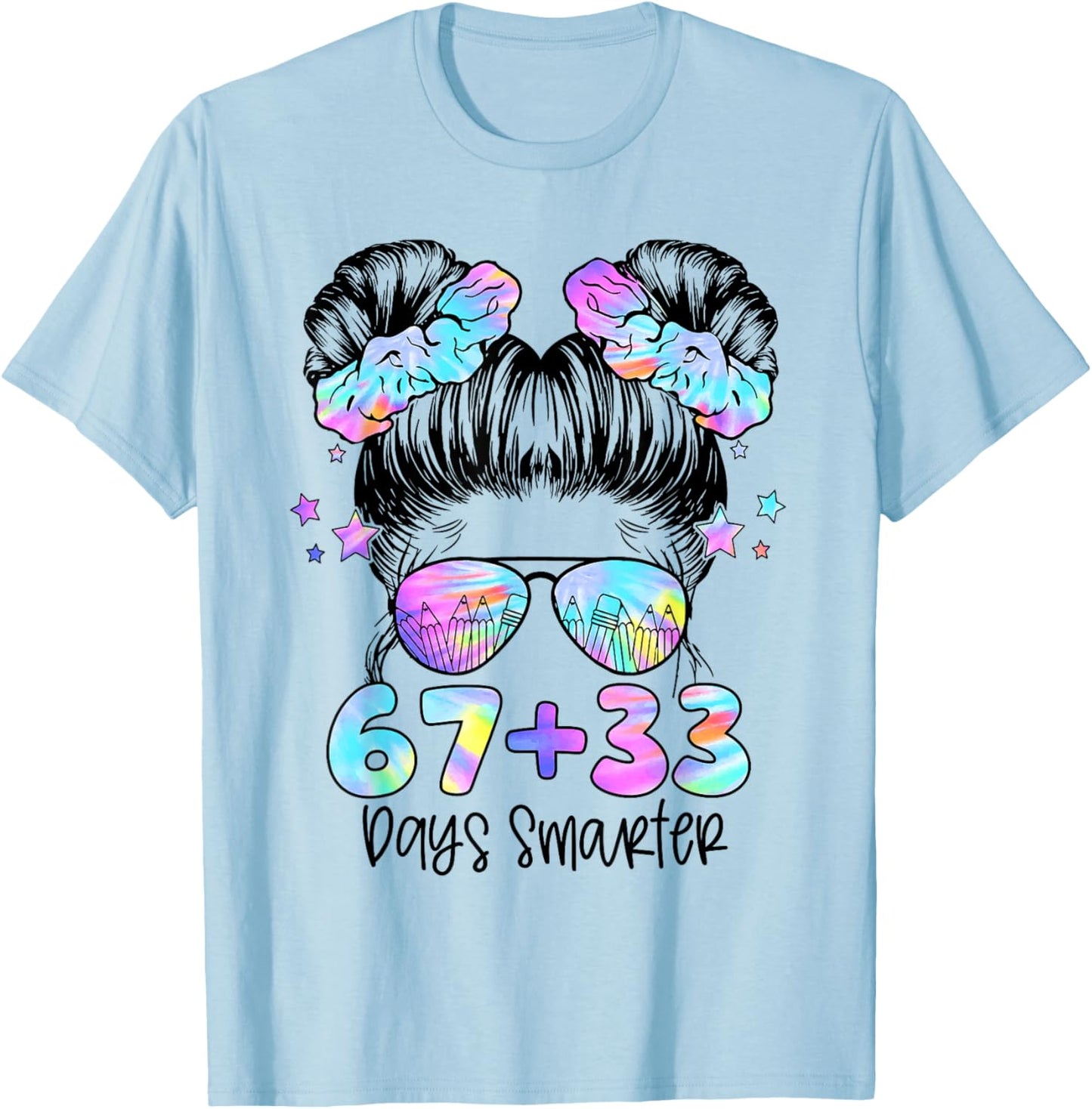 67 33 Days Smarter Messy Bun Girl 100th Day of School Kids T-Shirt - T-Shirt | Light Blue
