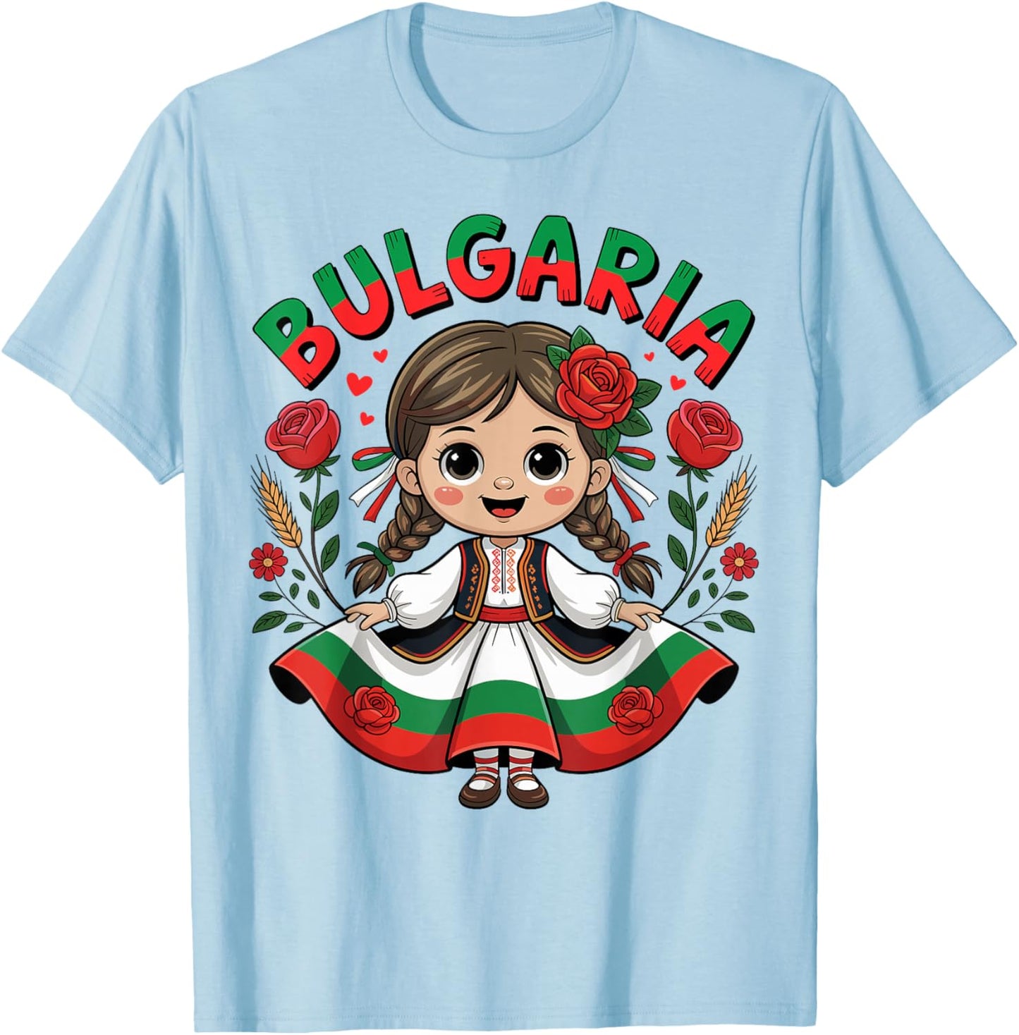 Cute Bulgarian Girl in Traditional Folk Dress for Kids T-Shirt - T-Shirt | Light Blue