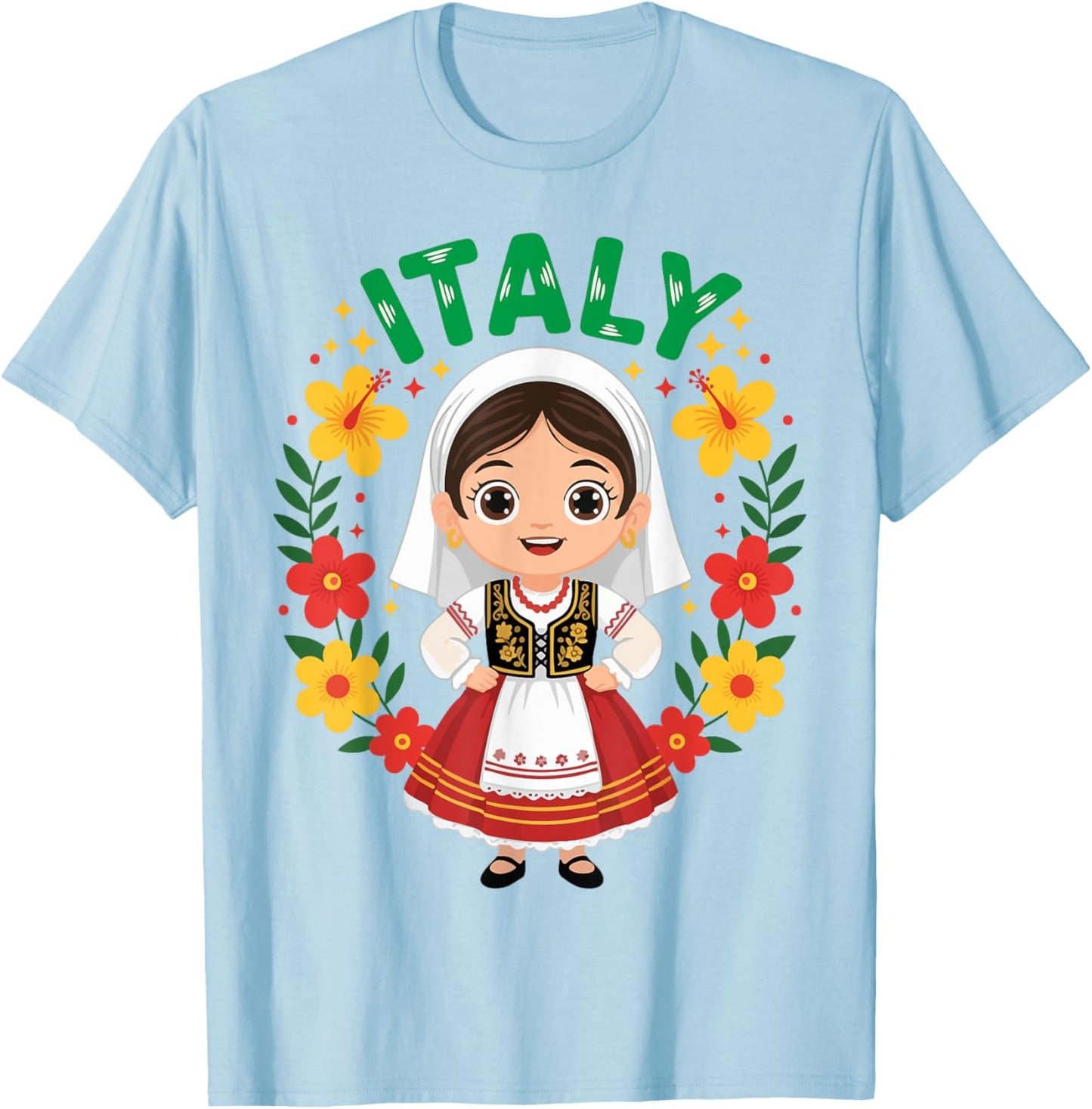 Italy Italian Girl Traditional Dress Outfit Heritage Flowers T-Shirt - T-Shirt | Light Blue