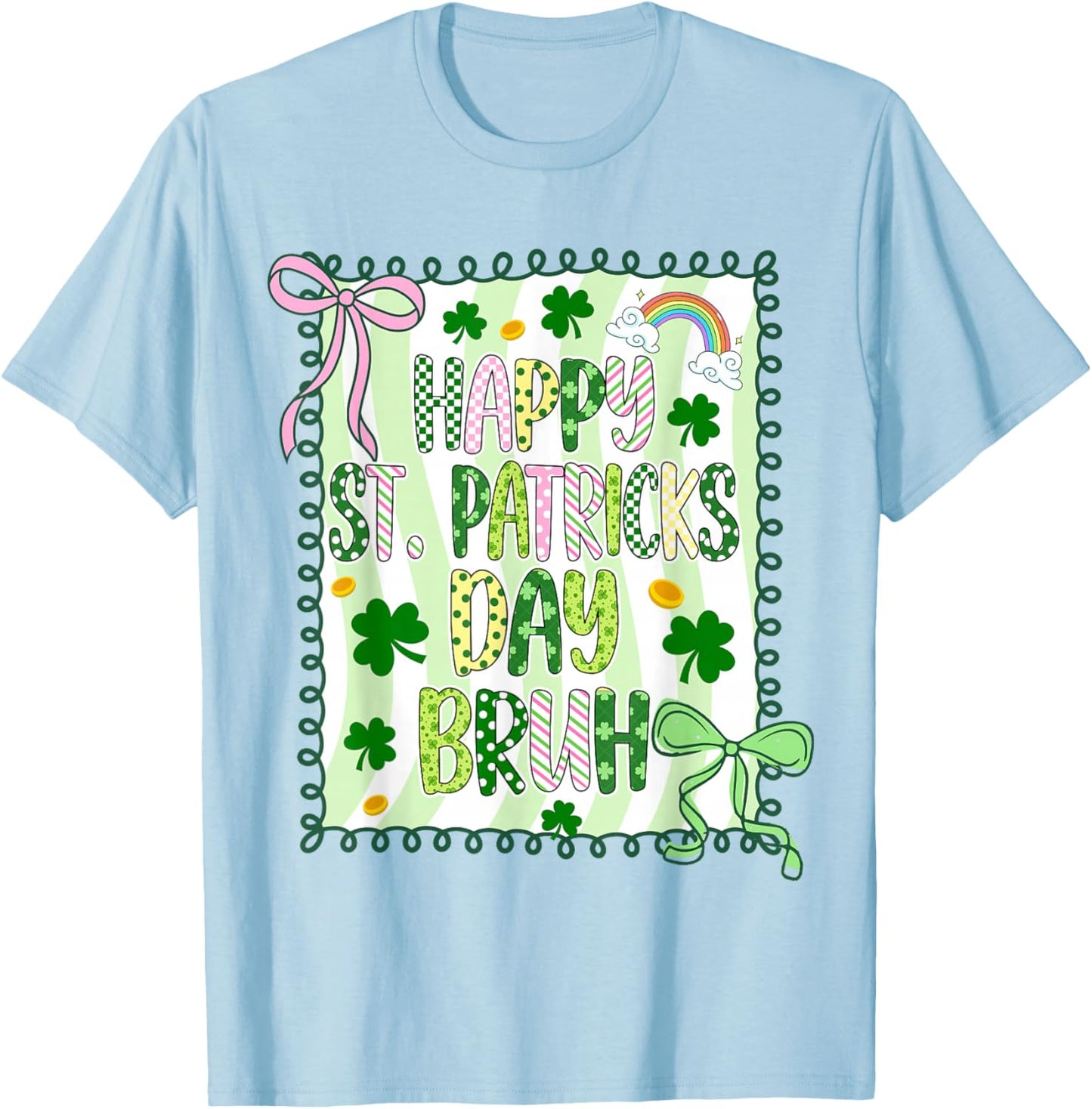 Bruh Happy St Patricks Day Kids Coquette Girls Bow Shamrock T-Shirt - T-Shirt | Light Blue
