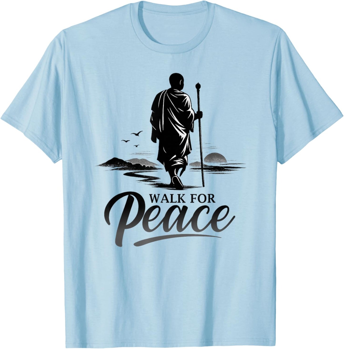 Retro Walk for Peace Monks with Aloka Dog Minimalist Zen Art T-Shirt - T-Shirt | Light Blue