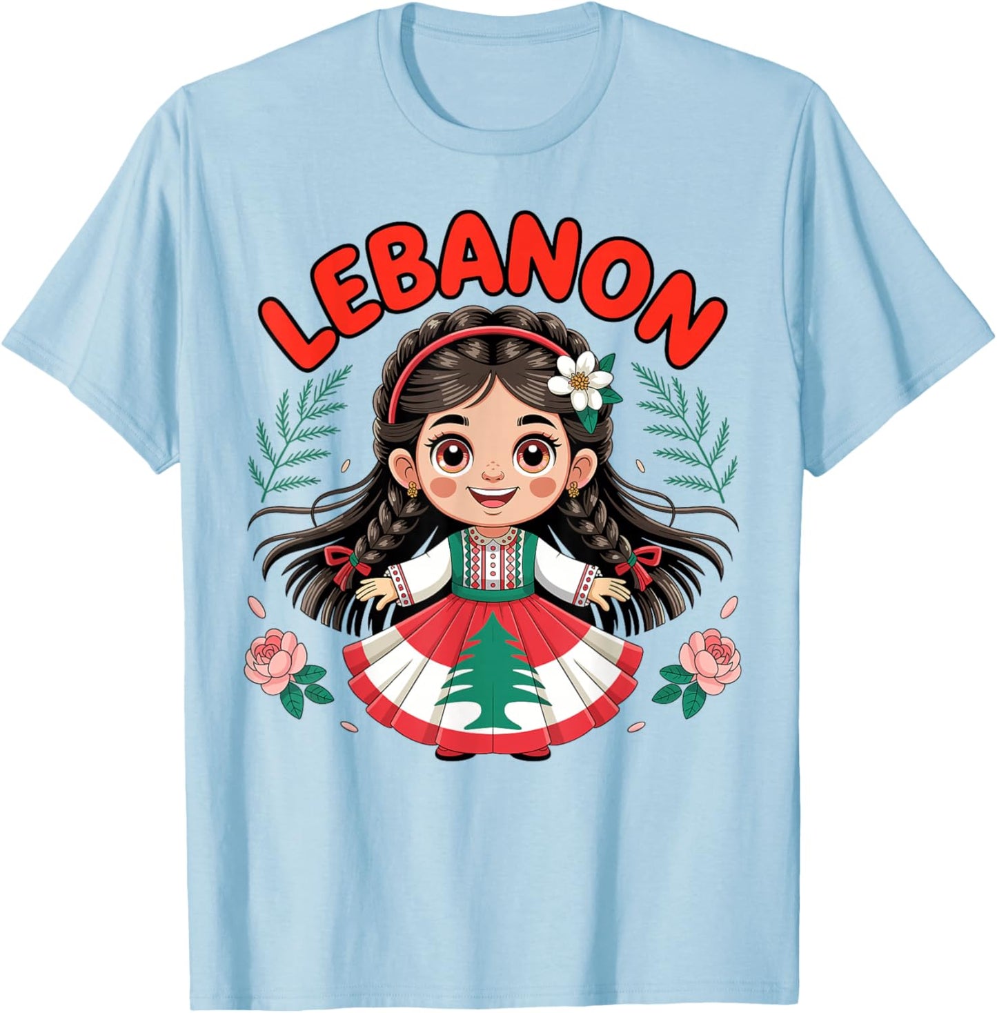 Lebanese Girl Traditional Dress with Flag Colors and Flowers T-Shirt - T-Shirt | Light Blue