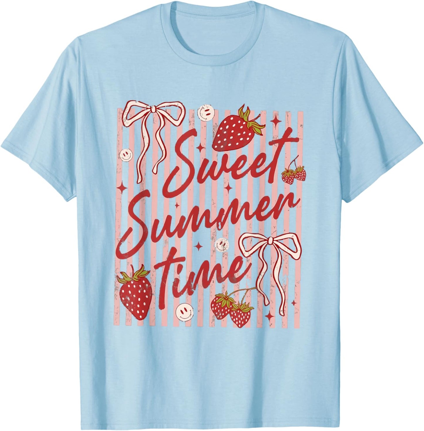 Retro Striped Sweet Summer Time Vacation Funny Strawberry T-Shirt - T-Shirt | Light Blue