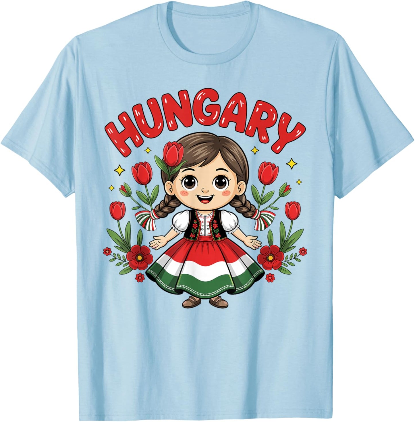Cute Hungarian Girl in Traditional Red Dress for Kids T-Shirt - T-Shirt | Light Blue