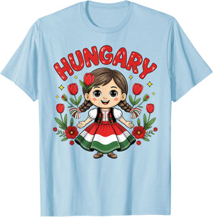 Cute Hungarian Girl in Traditional Red Dress for Kids T-Shirt - T-Shirt | Light Blue