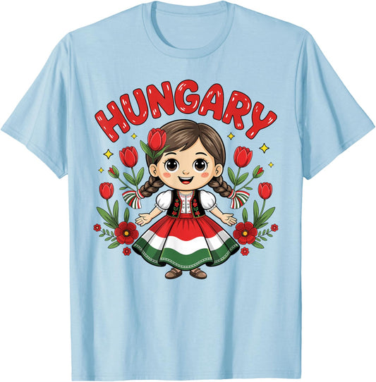 Cute Hungarian Girl in Traditional Red Dress for Kids T-Shirt - T-Shirt | Light Blue