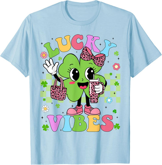 Lucky Vibes Cute Shamrock Leopard St Patricks Girl Kid Women T-Shirt - T-Shirt | Light Blue