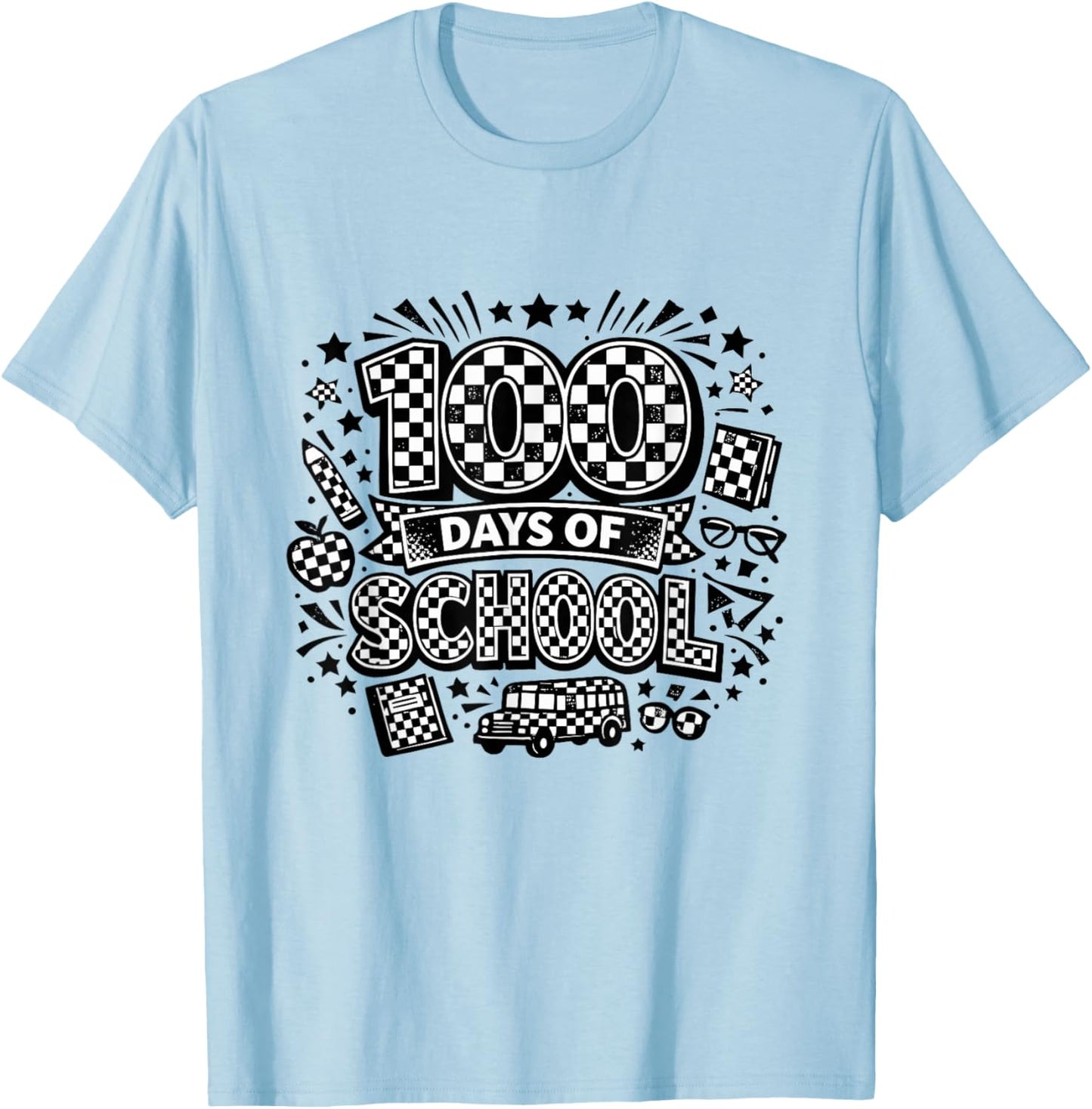 100 Days of School Checkered Pattern Celebration T-Shirt - T-Shirt | Light Blue