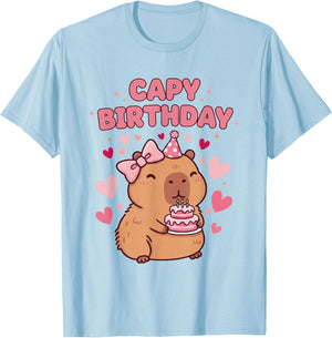 Capybara Birthday Girl Cute Capybara Animal Lovers Bow Party T-Shirt - T-Shirt | Light Blue