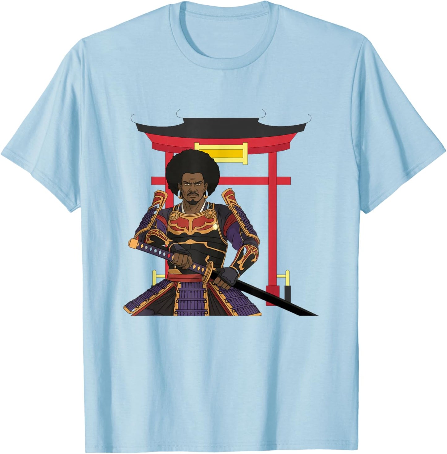 African Samurai Warrior Katana Torii Gate Japanese Bushido T-Shirt - T-Shirt | Light Blue
