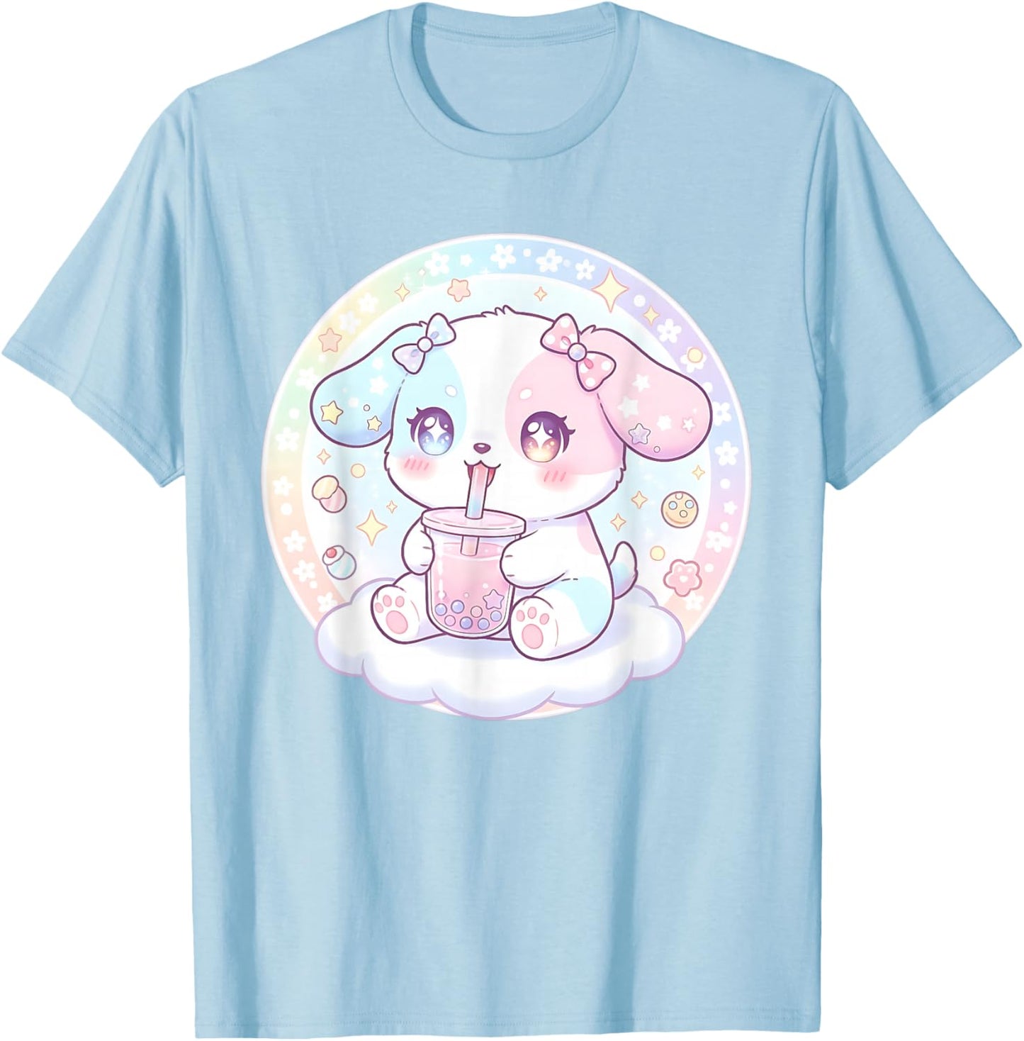 Puppy Dog Drinking Boba Tea Cute Girls Graphic T-Shirt - T-Shirt | Light Blue