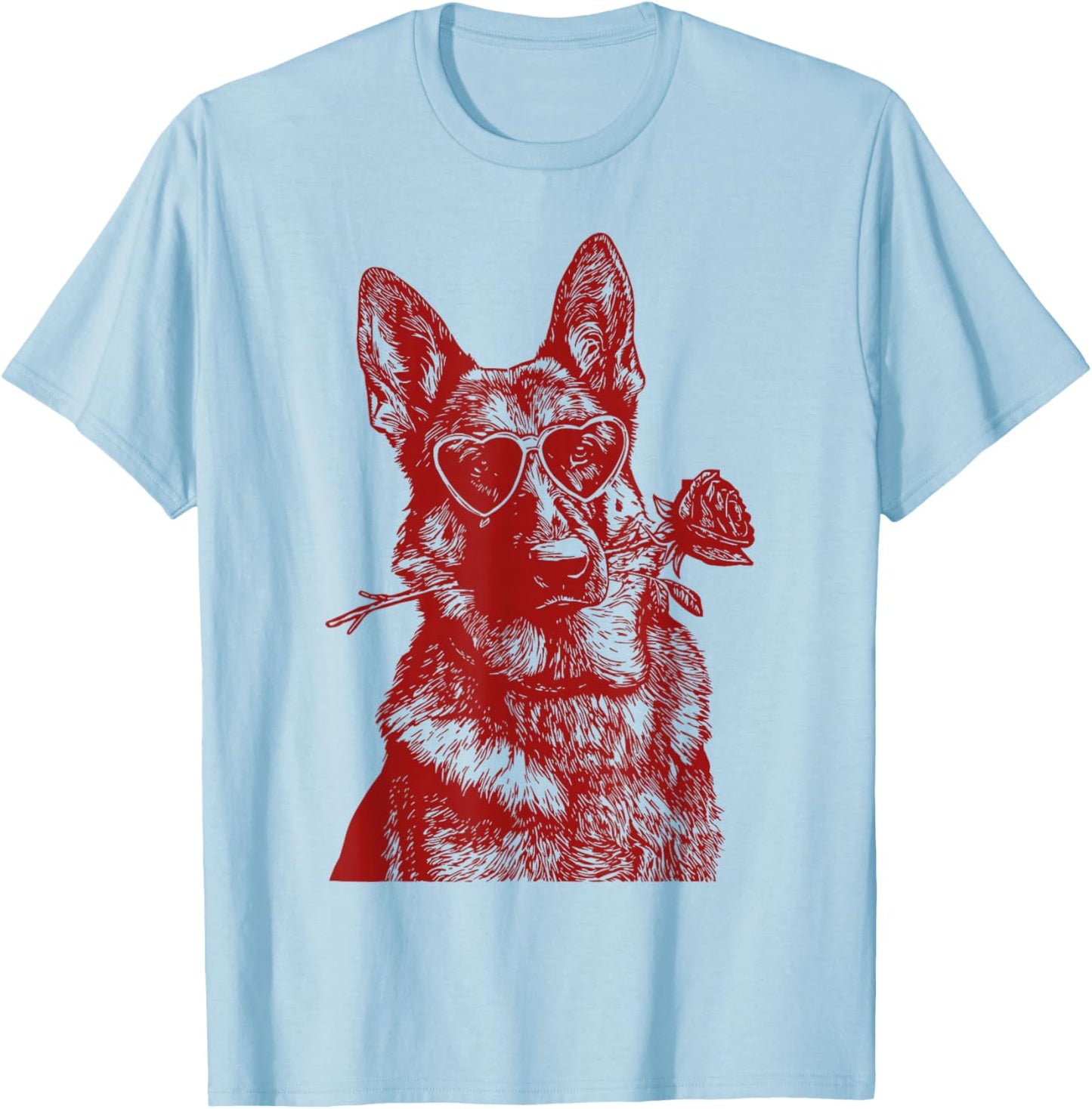 Valentine German Shepherd with Heart Sunglasses Romantic Dog T-Shirt - T-Shirt | Light Blue