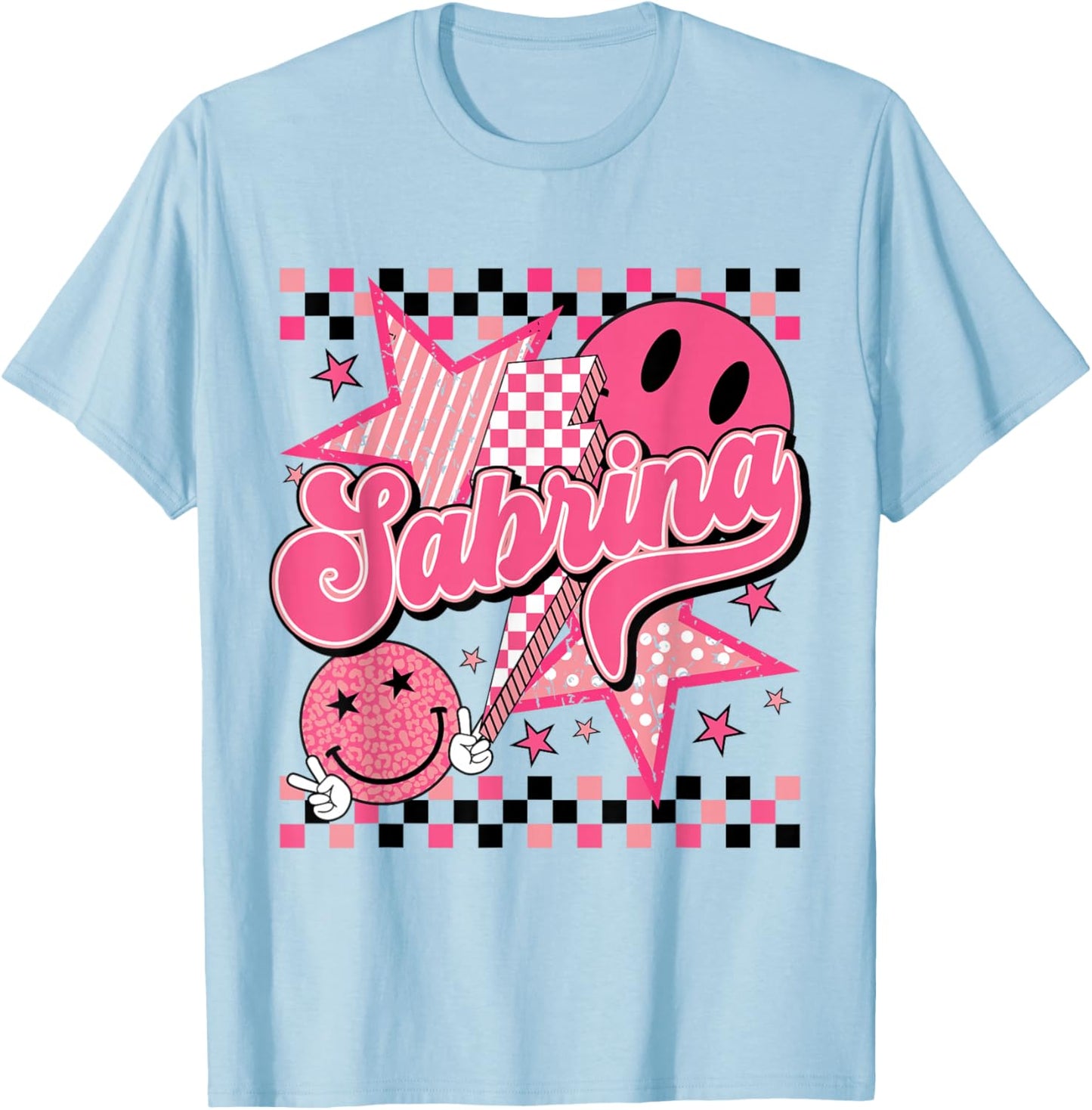 Sabrina First Name I Love Sabrina Checkered Groovy 80's T-Shirt - T-Shirt | Light Blue
