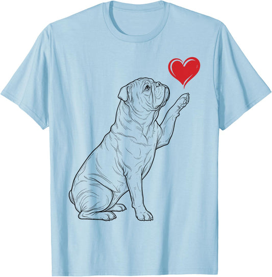 English Bulldog Dog Art Holding Heart Valentines T-Shirt - T-Shirt | Light Blue