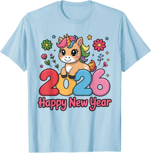 Cute Unicorn 2026 Horse Year Happy New Year Kawaii Kids Girl T-Shirt - T-Shirt | Light Blue