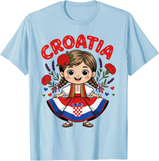 Cute Croatia Girl in Traditional Dress for Kids T-Shirt - T-Shirt | Light Blue
