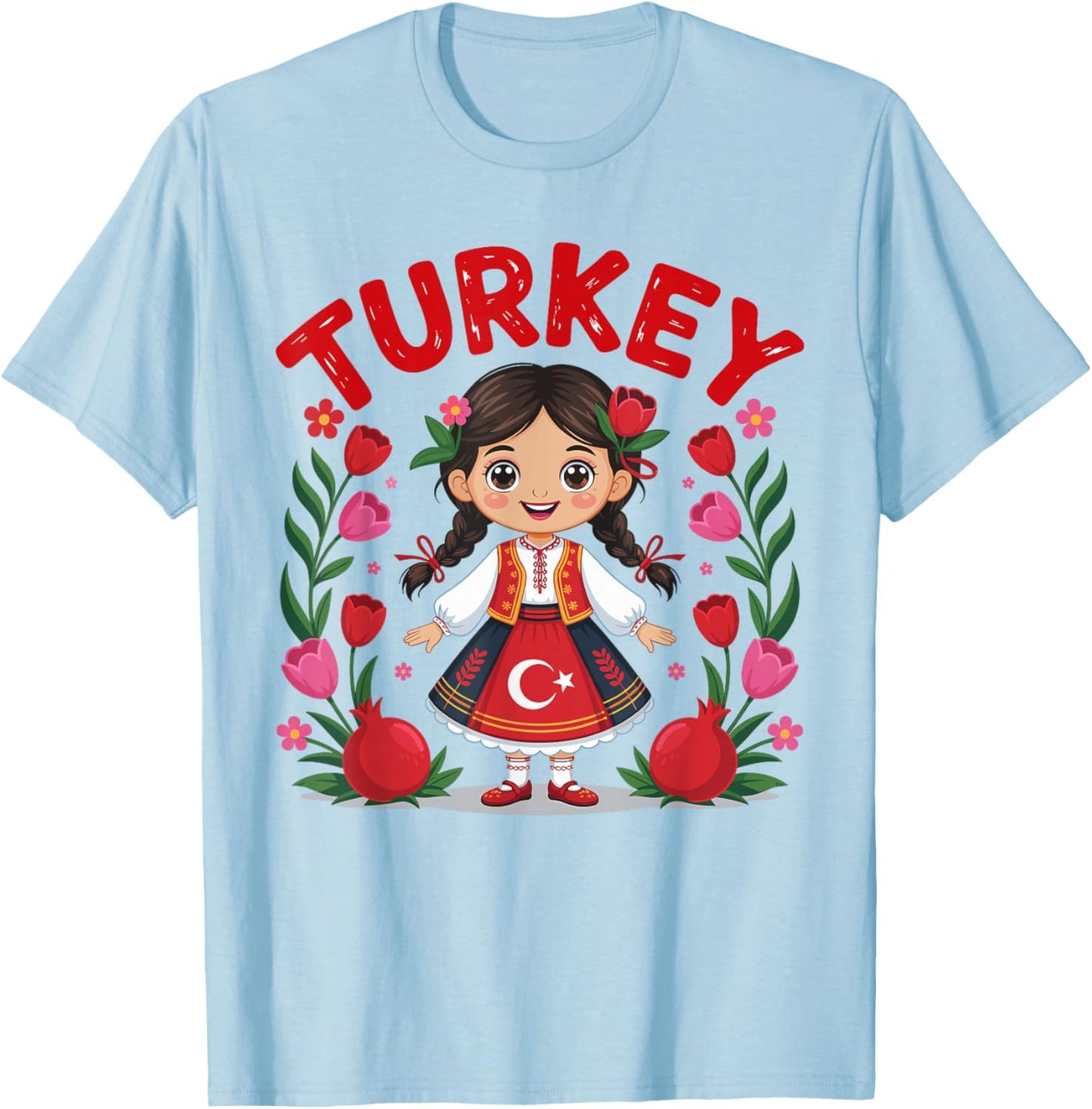 Turkey Girl Traditional Dress with Tulips and Pomegranates T-Shirt - T-Shirt | Light Blue