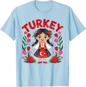 Turkey Girl Traditional Dress with Tulips and Pomegranates T-Shirt - T-Shirt | Light Blue