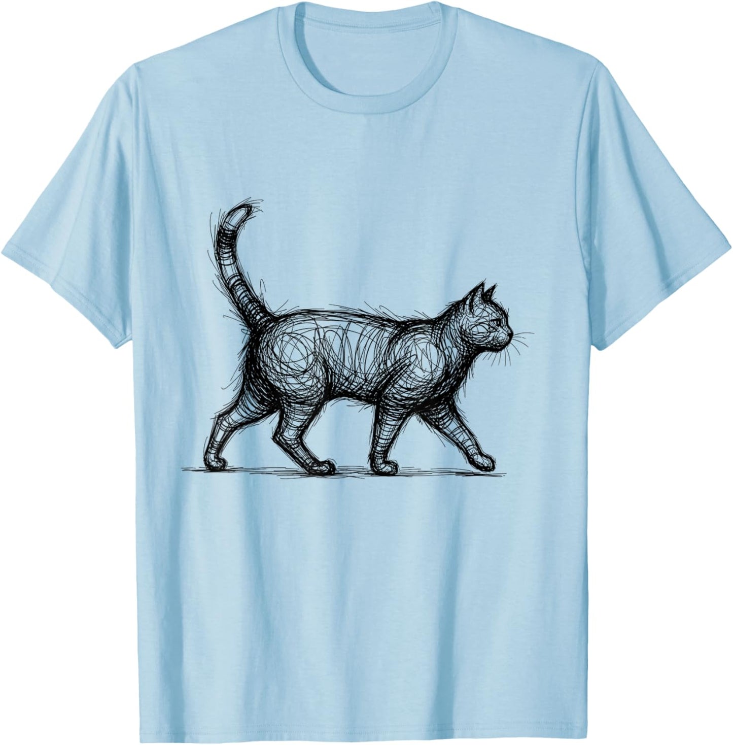 Scribble Cat Abstract Sketch Minimalist Cat Art T-Shirt - T-Shirt | Light Blue