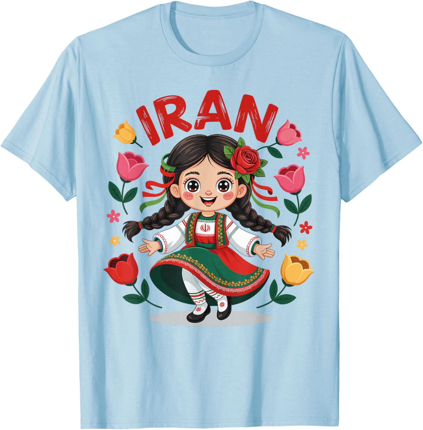 Cute Iran Girl Traditional Outfit with Floral Art for Kids T-Shirt - T-Shirt | Light Blue
