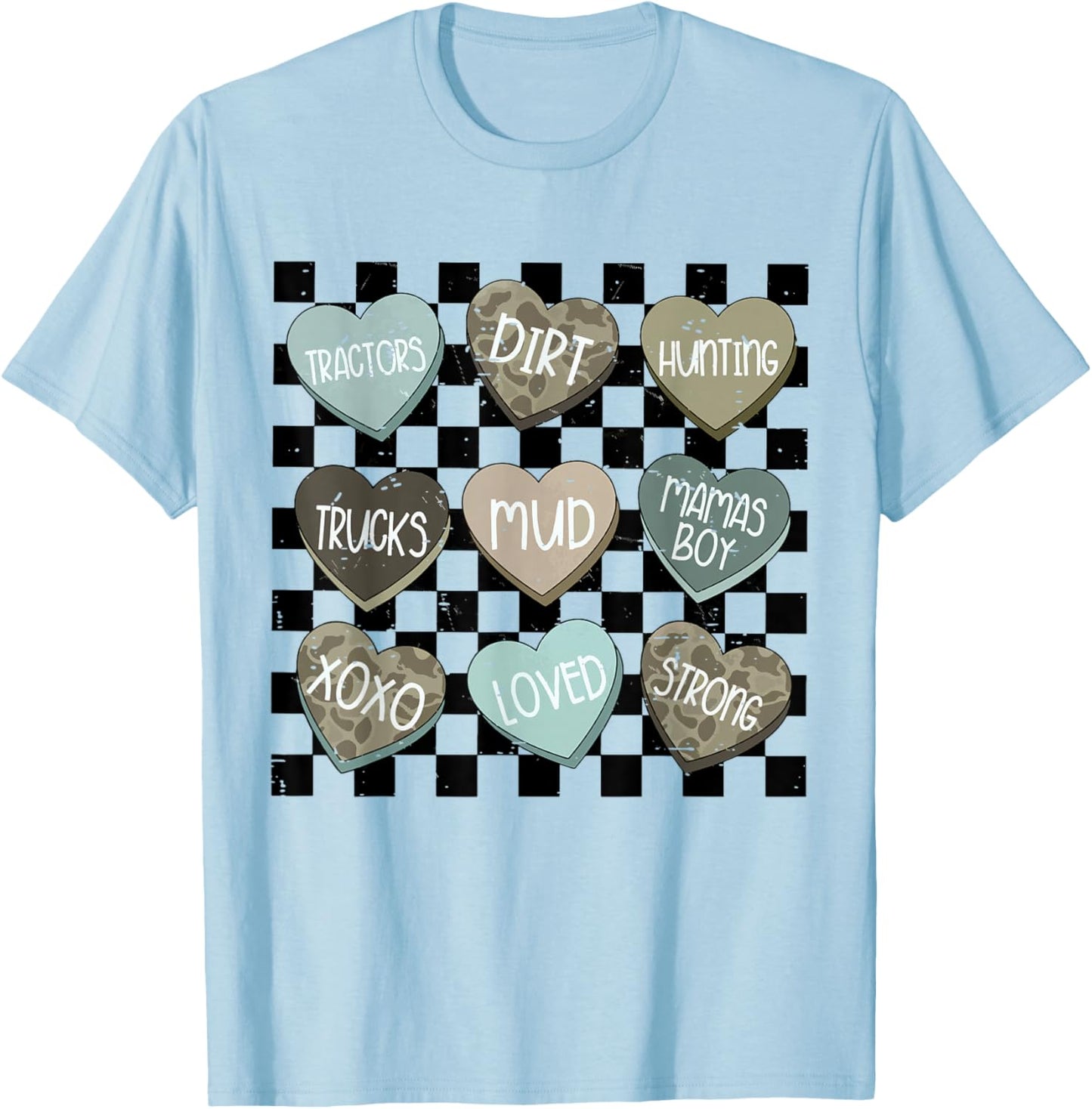 Retro Checkered Camo Hearts Valentine Loved XOXO Kids Boys T-Shirt - T-Shirt | Light Blue