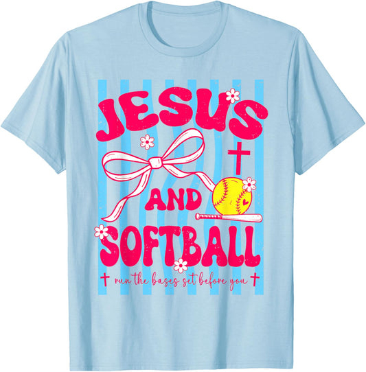 Jesus and Softball Bow Christian Mom Mama Girls Faith T-Shirt - T-Shirt | Light Blue