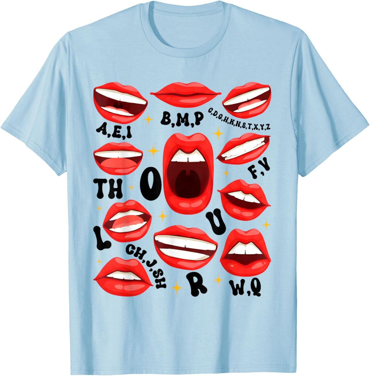 Funny Lips Phonetic Mouth Shapes Speech Therapy Pathologist T-Shirt - T-Shirt | Light Blue