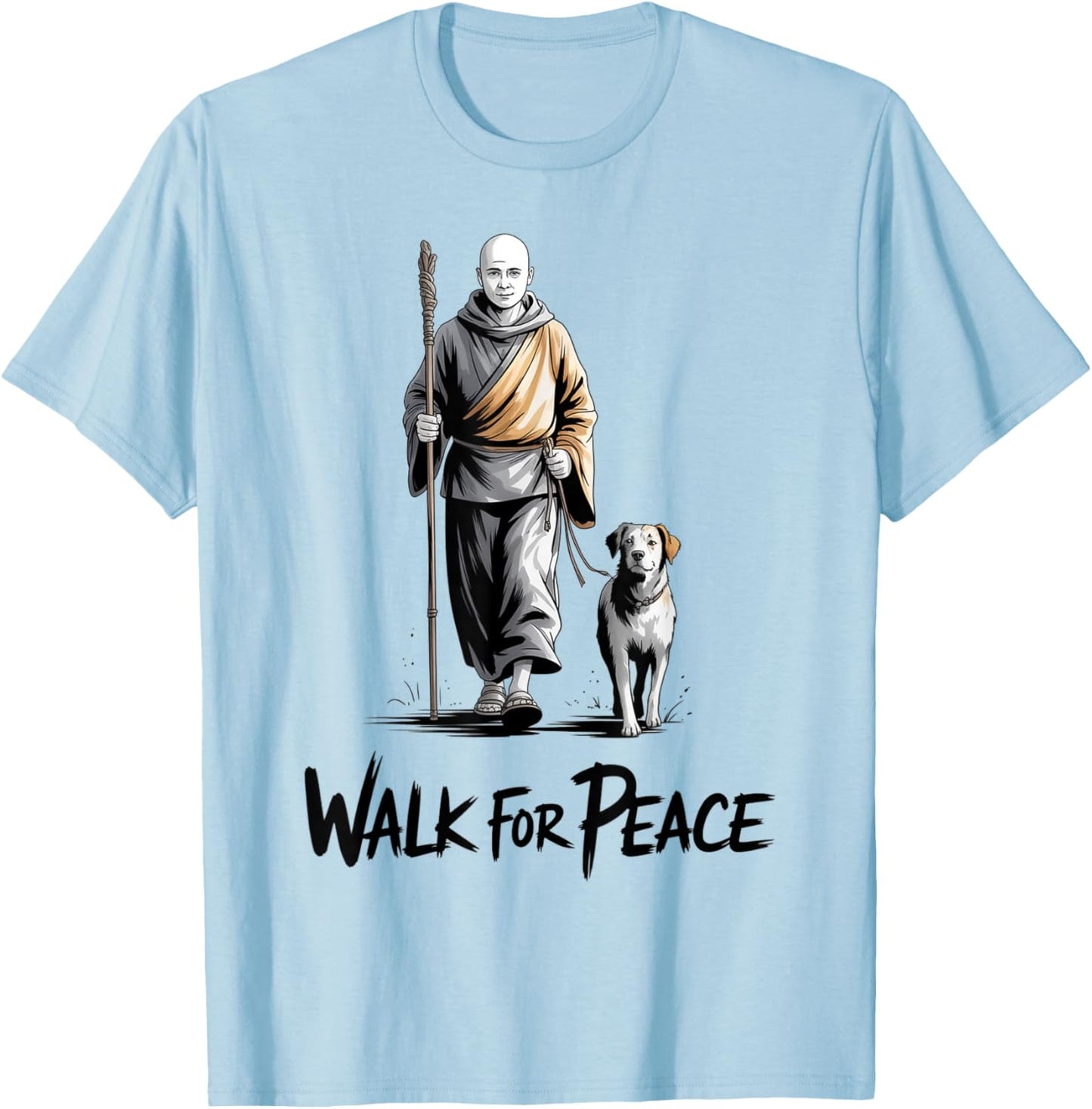 Retro Walk for Peace Monks with Aloka Dog Minimalist Zen Art T-Shirt - T-Shirt | Light Blue