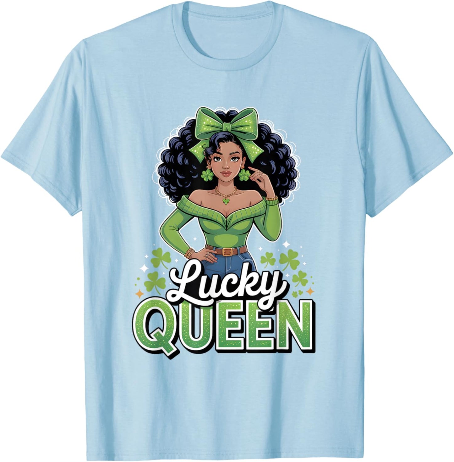 Lucky Queen St Patricks Day Black Girl Afro Shamrock Squad T-Shirt - T-Shirt | Light Blue