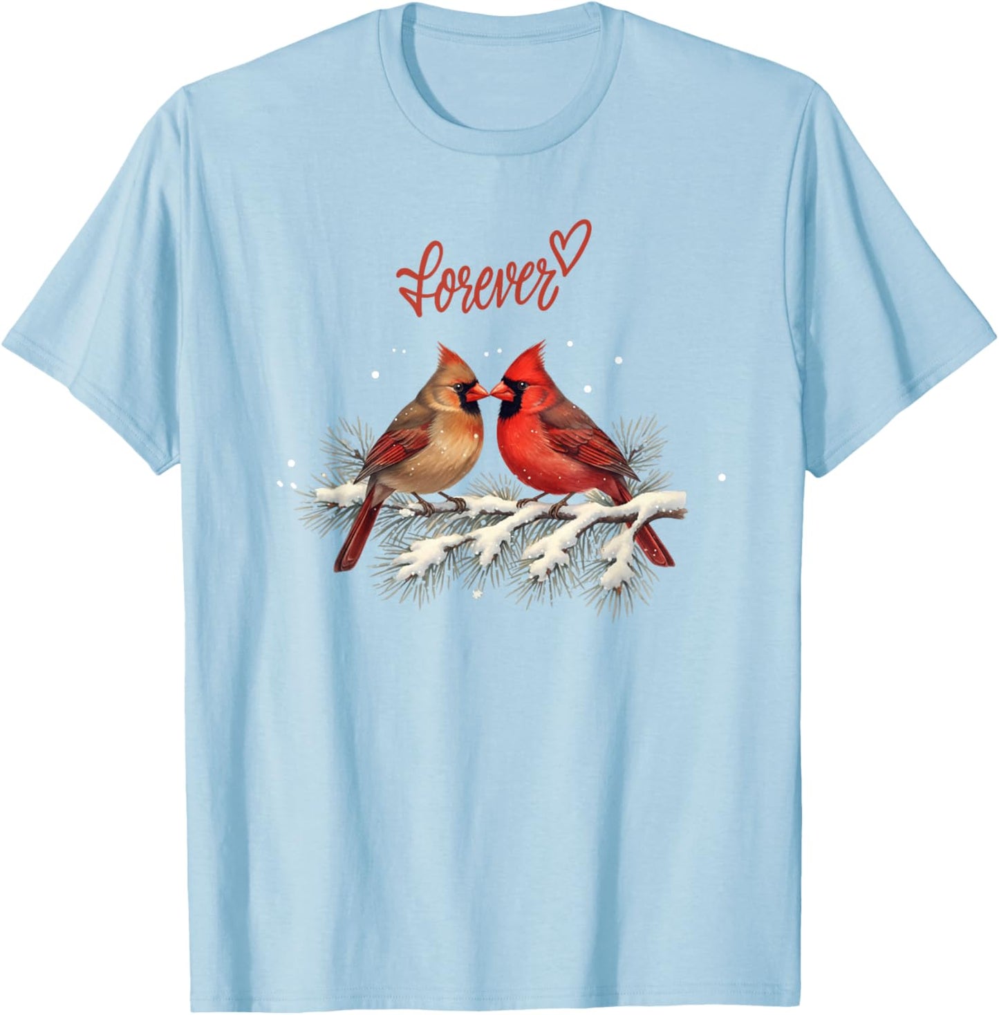 Snow Branch Cardinal Bird Couple Forever T-Shirt - T-Shirt | Light Blue