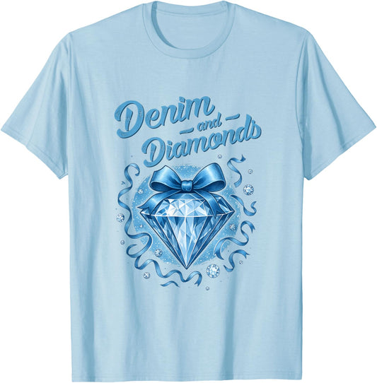 Denim and Diamonds Bow Ladies Girls Women T-Shirt - T-Shirt | Light Blue