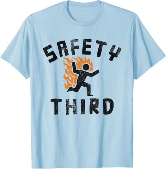 Safety Third - Funny Running Man Fire Stick Figure Running T-Shirt - T-Shirt | Light Blue
