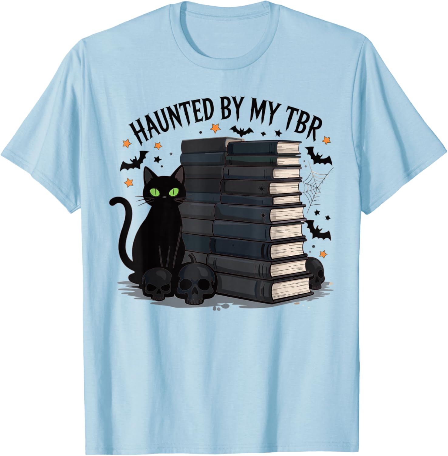 Haunted by My TBR Funny Black Cat Book Halloween T-Shirt - T-Shirt | Light Blue