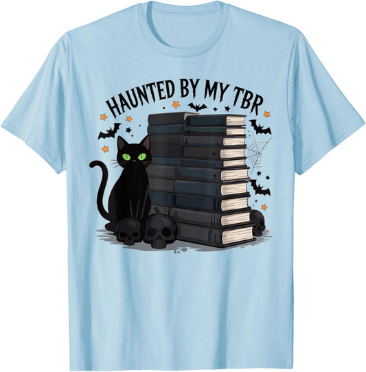 Haunted by My TBR Funny Black Cat Book Halloween T-Shirt - T-Shirt | Light Blue