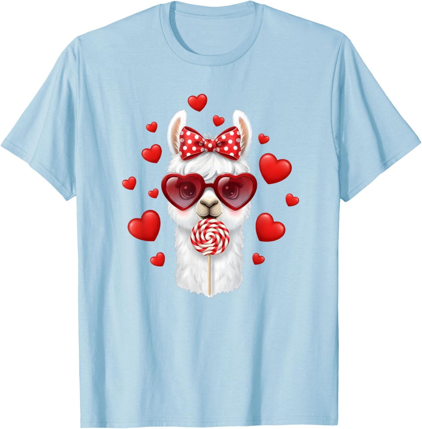 Cute Lollipop Llama Valentines Day Red Heart Funny T-Shirt - T-Shirt | Light Blue