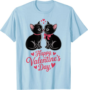 Happy Valentines Day Black Cat Couple Hearts Women Men T-Shirt - T-Shirt | Light Blue