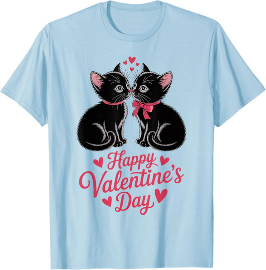 Happy Valentines Day Black Cat Couple Hearts Women Men T-Shirt - T-Shirt | Light Blue