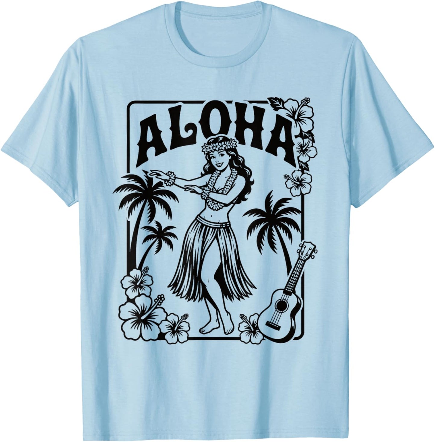 Aloha Hula Dancer Hibiscus Palm Trees Ukulele Retro Girl Art T-Shirt - T-Shirt | Light Blue