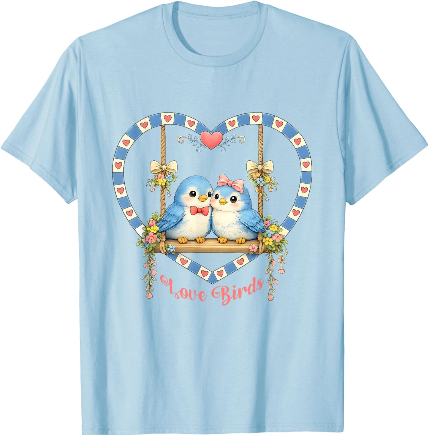 Vintage 80's Style Love Birds On Swing in Heart Flowers Bows T-Shirt - T-Shirt | Light Blue