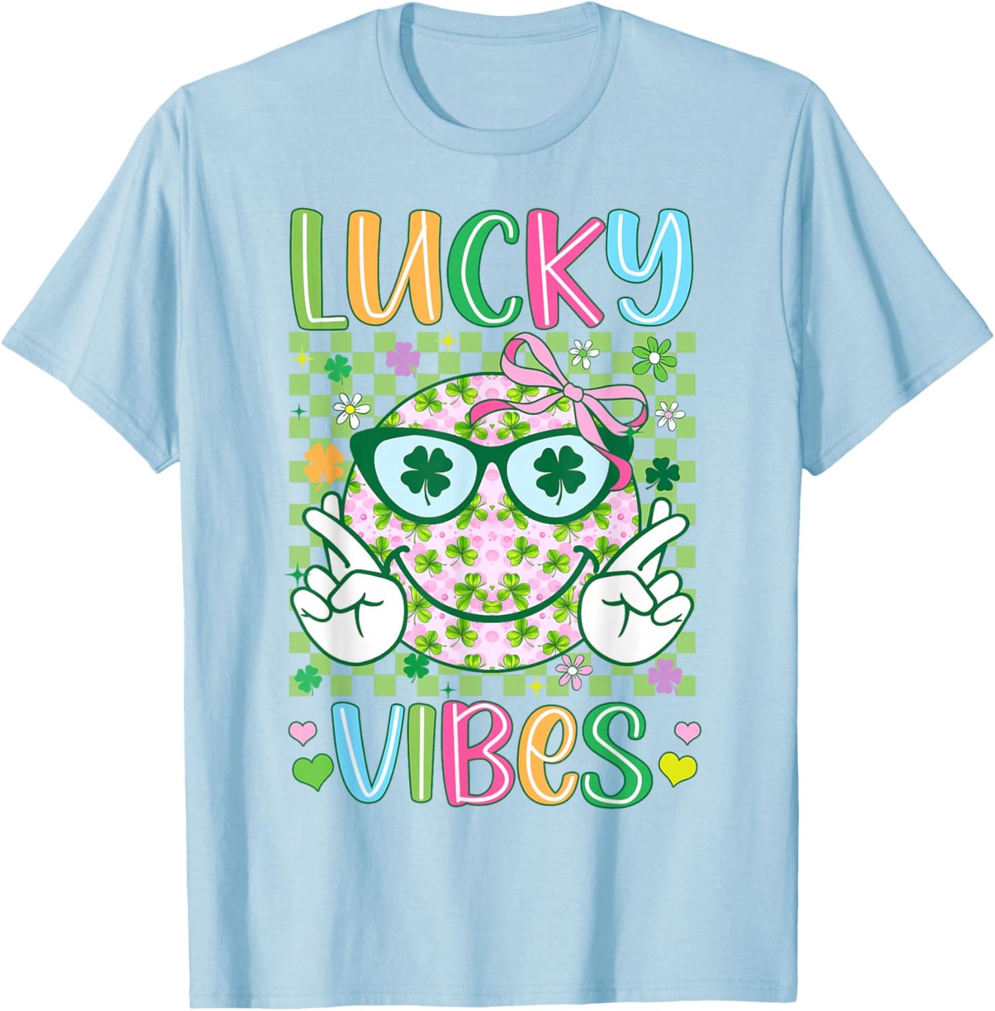 St Patricks Day Lucky Vibes Shamrock Women Girls Kids Irish T-Shirt - T-Shirt | Light Blue