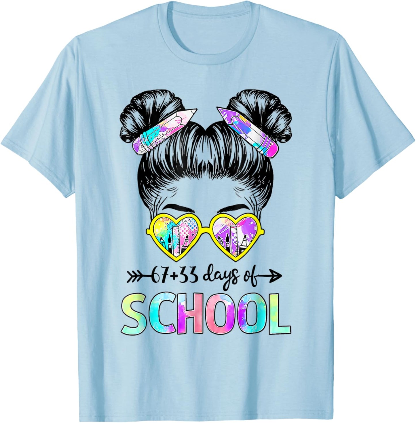 67 33 Days Smarter Girls Messy Bun Hair 100th Day of School T-Shirt - T-Shirt | Light Blue