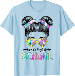 67 33 Days Smarter Girls Messy Bun Hair 100th Day of School T-Shirt - T-Shirt | Light Blue