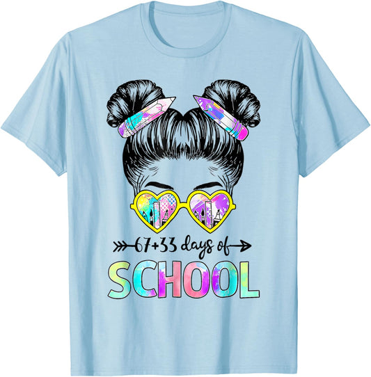 67 33 Days Smarter Girls Messy Bun Hair 100th Day of School T-Shirt - T-Shirt | Light Blue