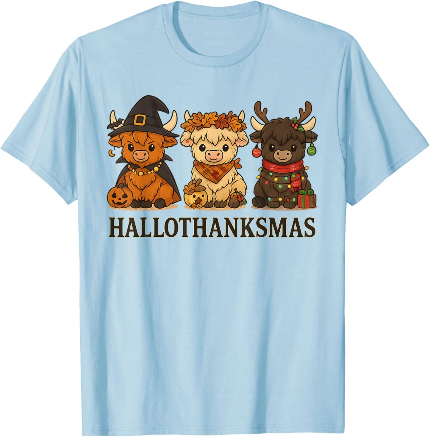 Hallothanksmas Highland Cow Trio Halloween Thanksgiving T-Shirt - T-Shirt | Light Blue