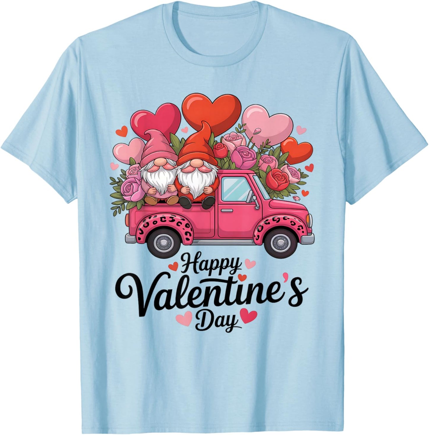 Valentines Day Gnomes Pink Truck Roses Leopard Print T-Shirt - T-Shirt | Light Blue