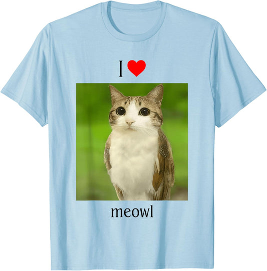 I Heart Meowl - I Love Meowl | Funny Cat Owl Brainrot Meme T-Shirt - T-Shirt | Light Blue