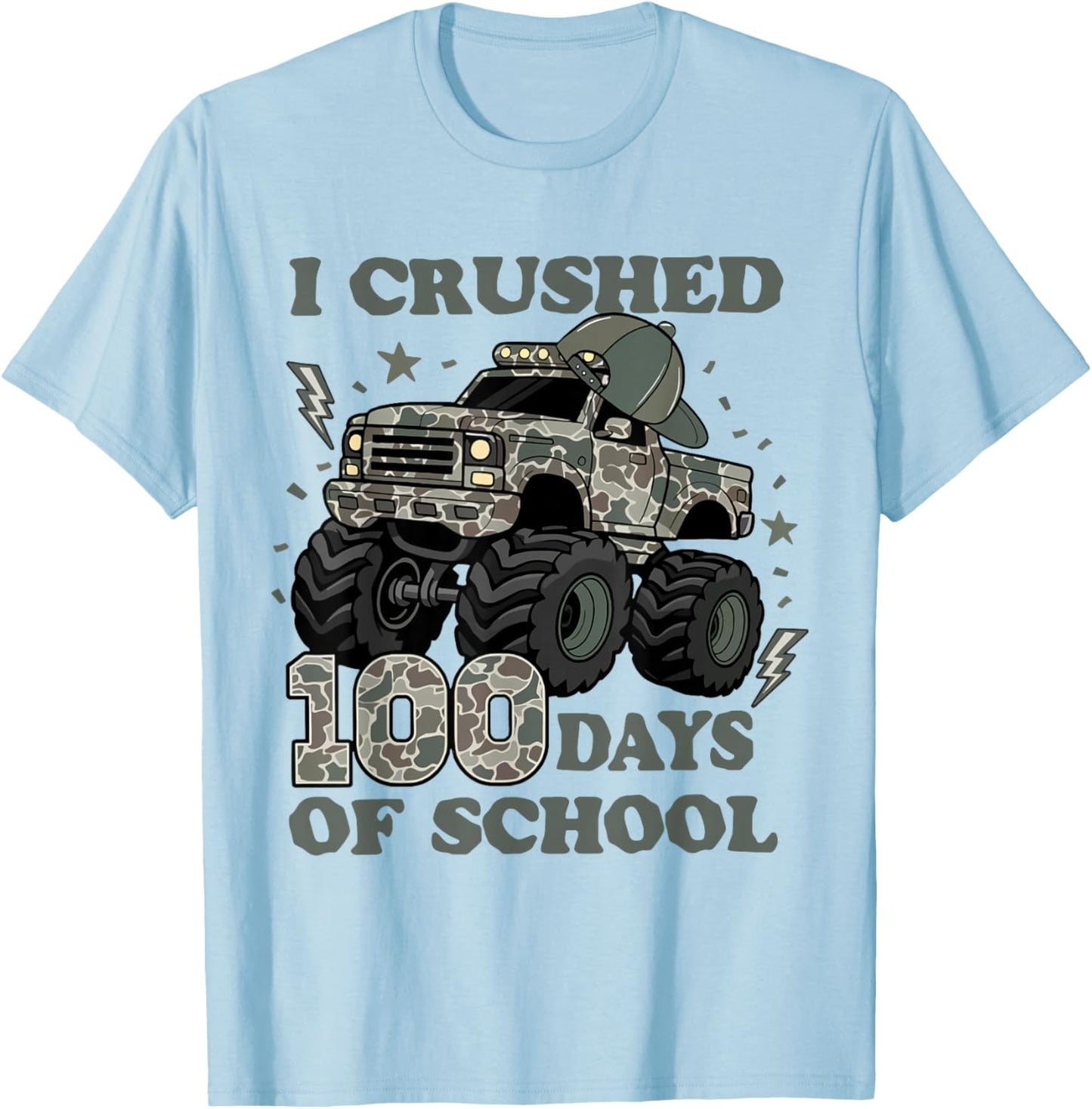 I Crushed 100 Days of School Camo Truck Boy 100 Days Smarter T-Shirt - T-Shirt | Light Blue